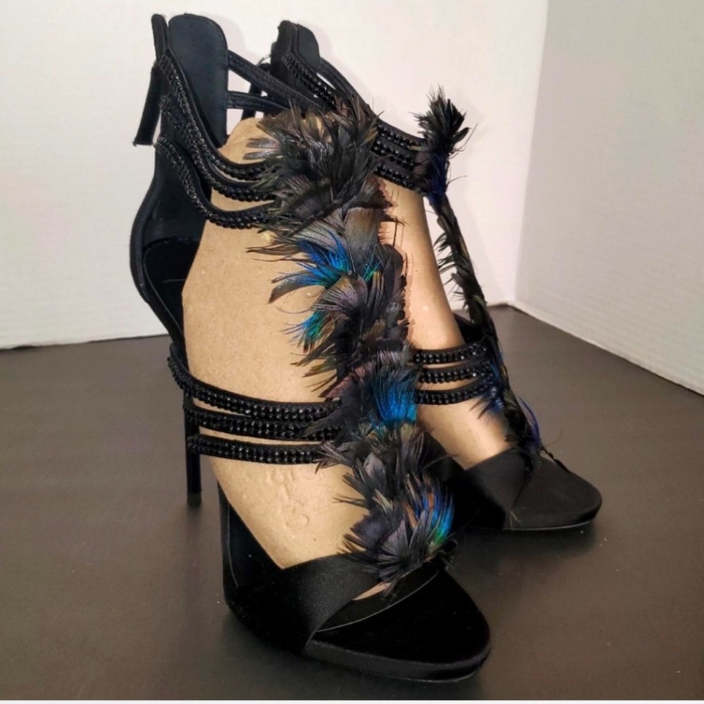 Giuseppe Zanotti Coline Peacock Feather Satin Crystal Black Teal Sandal Heel 39
